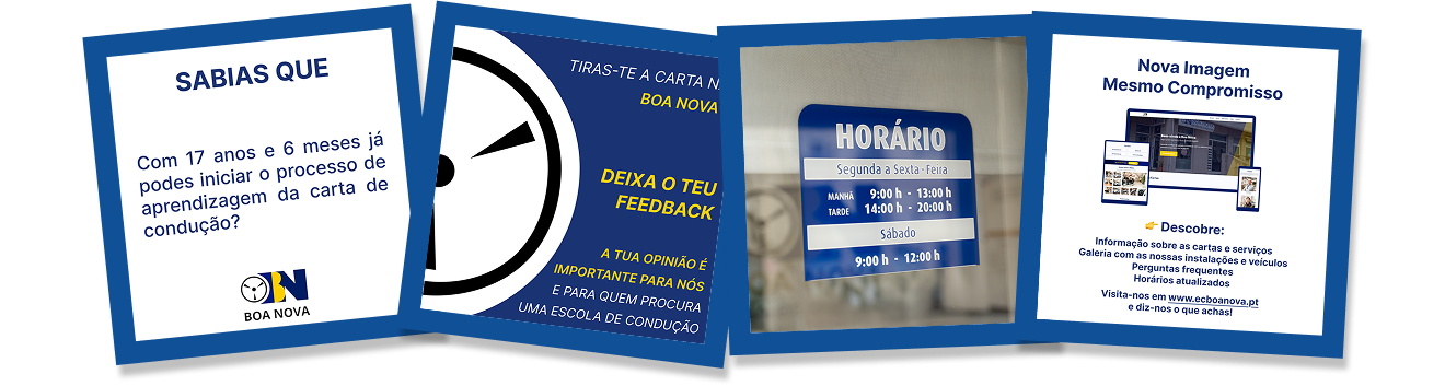 Publicações criadas para as redes sociais da escola de condução Boa Nova