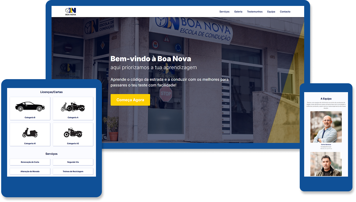 Imagem do website responsivo da escola de condução Boa Nova representado em um monitor, tablet e telemóvel
